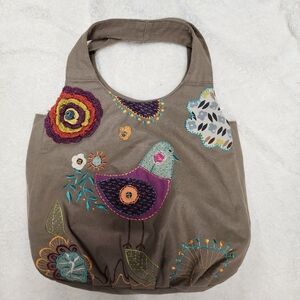 Embroidered Taupe Canvas Bird Tote with Colorful Accents